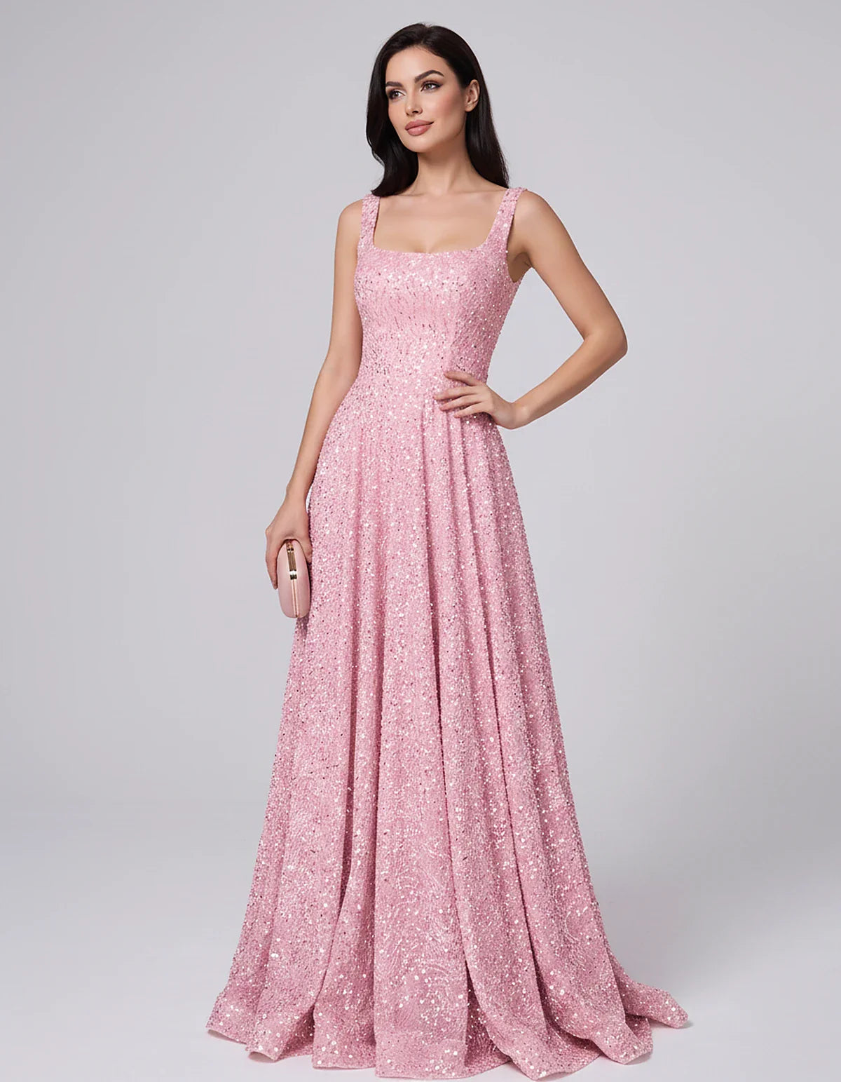 Sequin spaghetti strap square neck A-line floor length maxi dress for party, cocktail, evening, wedding guest, summer formal | SKU: SPD-482913756014582-PINK-L,SPD-482913756014582-PINK-M,SPD-482913756014582-PINK-S,SPD-482913756014582-PINK-XL,SPD-482913756014582-PINK-XS