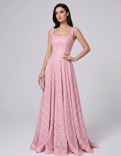 Sequin spaghetti strap square neck A-line floor length maxi dress for party, cocktail, evening, wedding guest, summer formal | SKU: SPD-482913756014582-PINK-L,SPD-482913756014582-PINK-M,SPD-482913756014582-PINK-S,SPD-482913756014582-PINK-XL,SPD-482913756014582-PINK-XS