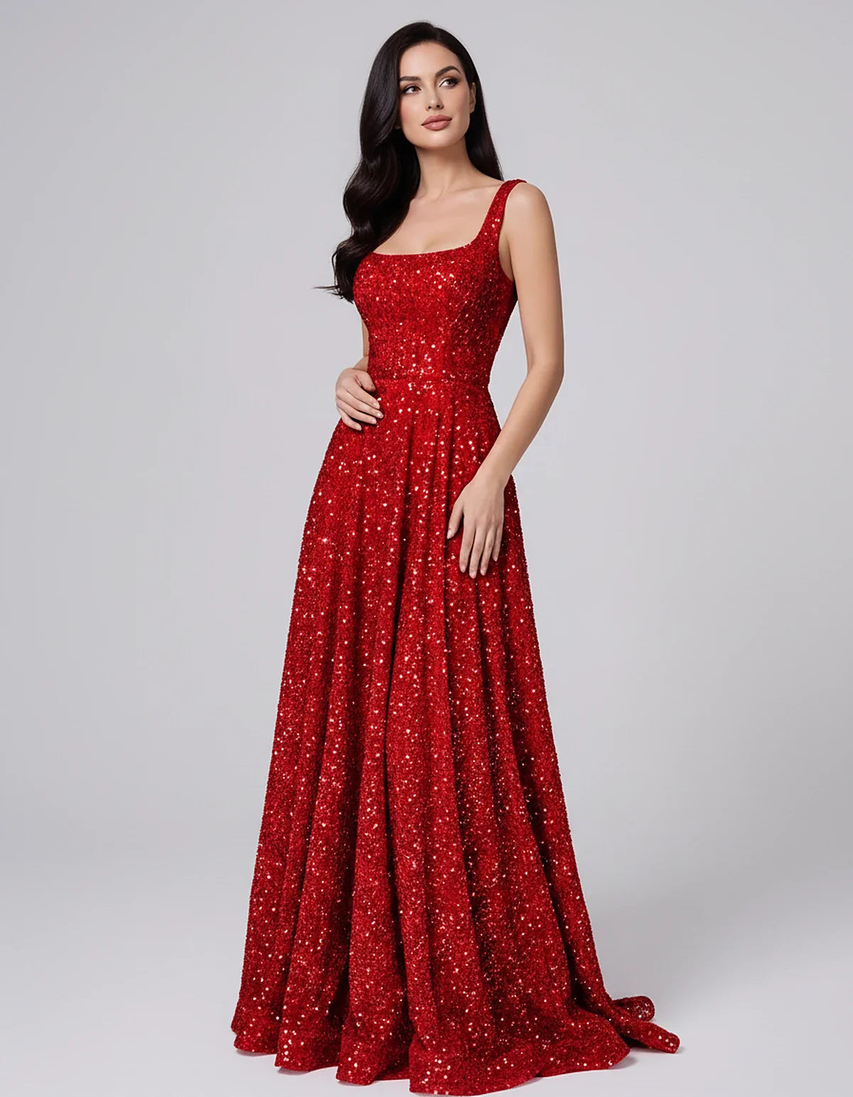 Sequin spaghetti strap square neck A-line floor length maxi dress for party, cocktail, evening, wedding guest, summer formal | SKU: SPD-482913756014582-RED-L,SPD-482913756014582-RED-M,SPD-482913756014582-RED-S,SPD-482913756014582-RED-XL,SPD-482913756014582-RED-XS
