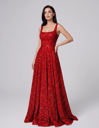 Sequin spaghetti strap square neck A-line floor length maxi dress for party, cocktail, evening, wedding guest, summer formal | SKU: SPD-482913756014582-RED-L,SPD-482913756014582-RED-M,SPD-482913756014582-RED-S,SPD-482913756014582-RED-XL,SPD-482913756014582-RED-XS