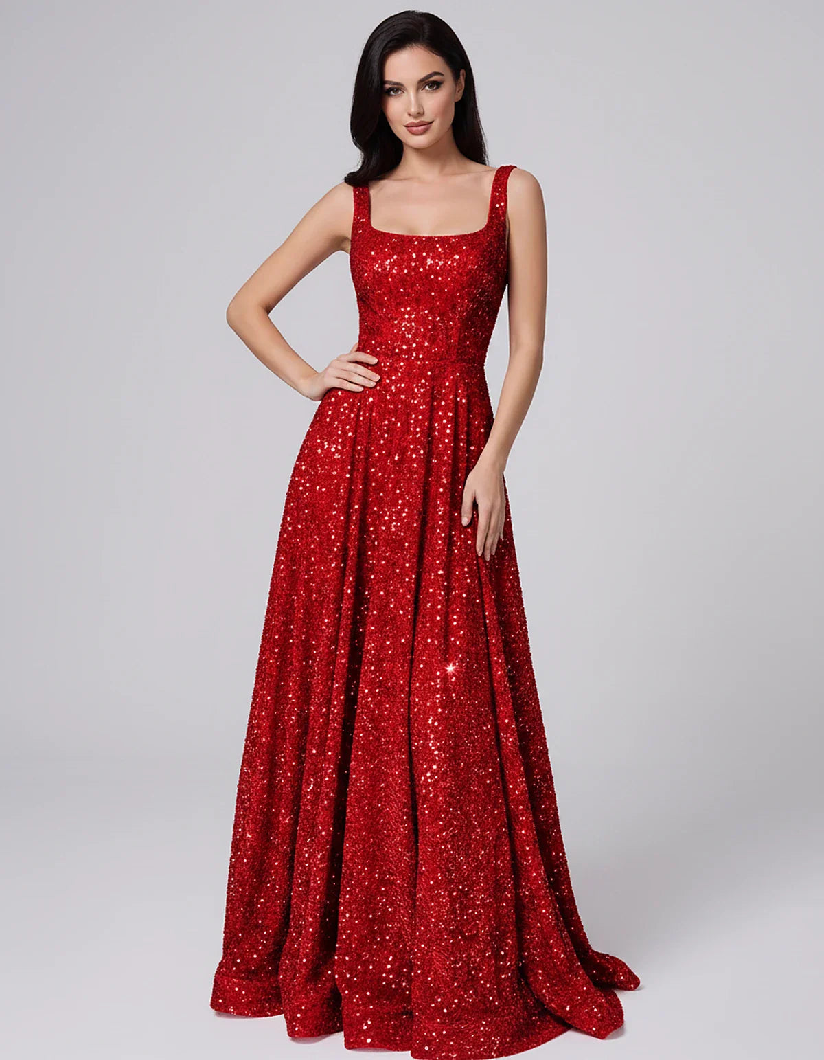 Sequin spaghetti strap square neck A-line floor length maxi dress for party, cocktail, evening, wedding guest, summer formal | SKU: SPD-482913756014582-RED-L,SPD-482913756014582-RED-M,SPD-482913756014582-RED-S,SPD-482913756014582-RED-XL,SPD-482913756014582-RED-XS