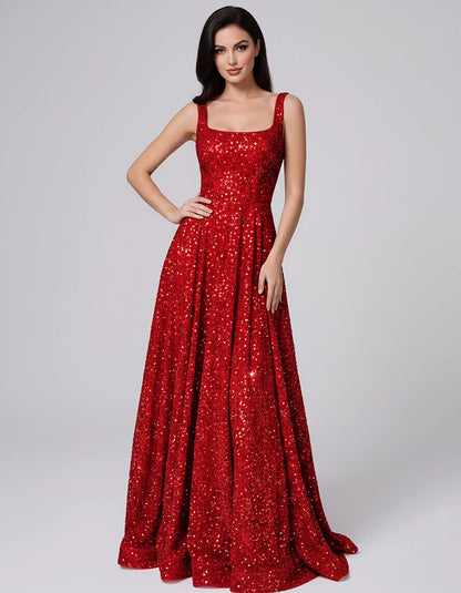 Sequin spaghetti strap square neck A-line floor length maxi dress for party, cocktail, evening, wedding guest, summer formal | SKU: SPD-482913756014582-RED-L,SPD-482913756014582-RED-M,SPD-482913756014582-RED-S,SPD-482913756014582-RED-XL,SPD-482913756014582-RED-XS