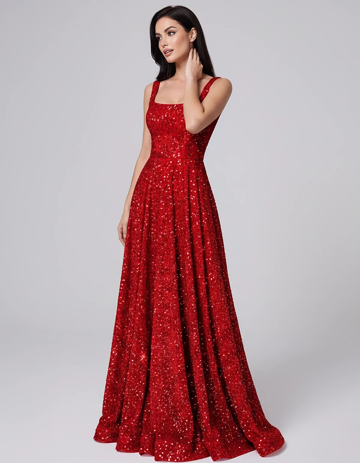 Sequin spaghetti strap square neck A-line floor length maxi dress for party, cocktail, evening, wedding guest, summer formal | SKU: SPD-482913756014582-RED-L,SPD-482913756014582-RED-M,SPD-482913756014582-RED-S,SPD-482913756014582-RED-XL,SPD-482913756014582-RED-XS