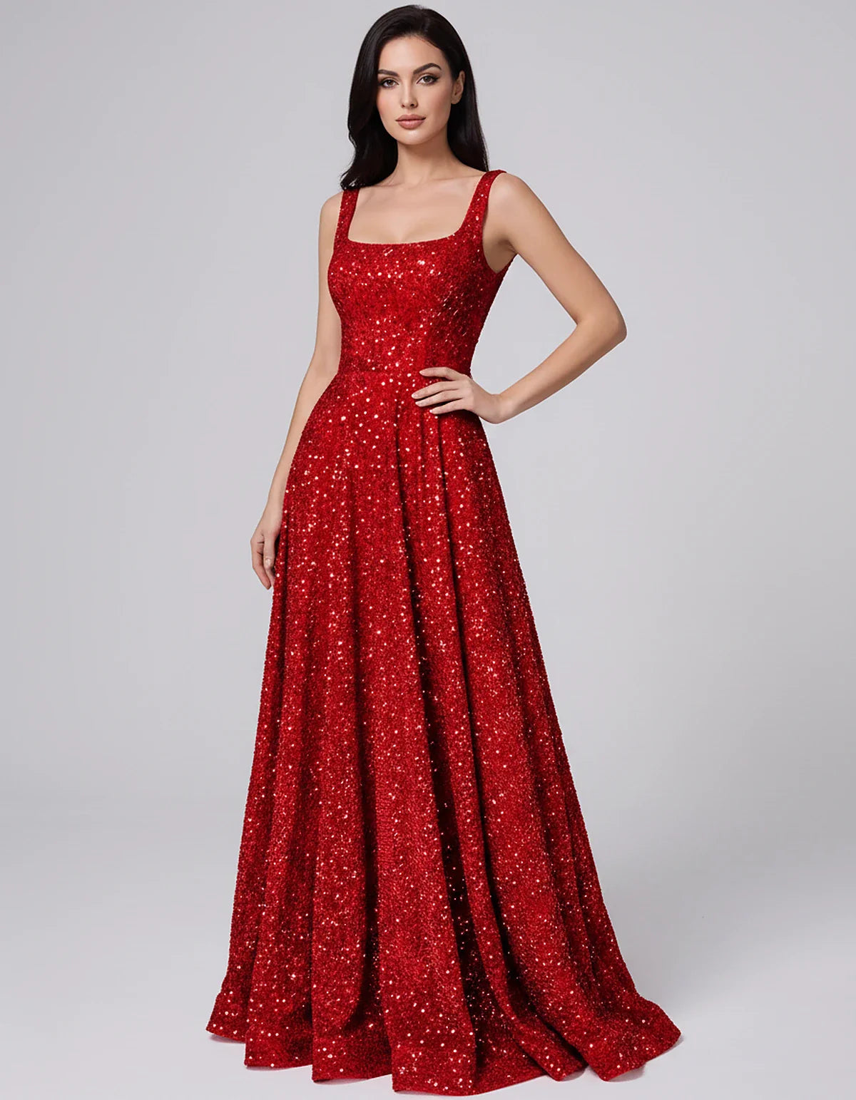 Sequin spaghetti strap square neck A-line floor length maxi dress for party, cocktail, evening, wedding guest, summer formal | SKU: SPD-482913756014582-RED-L,SPD-482913756014582-RED-M,SPD-482913756014582-RED-S,SPD-482913756014582-RED-XL,SPD-482913756014582-RED-XS