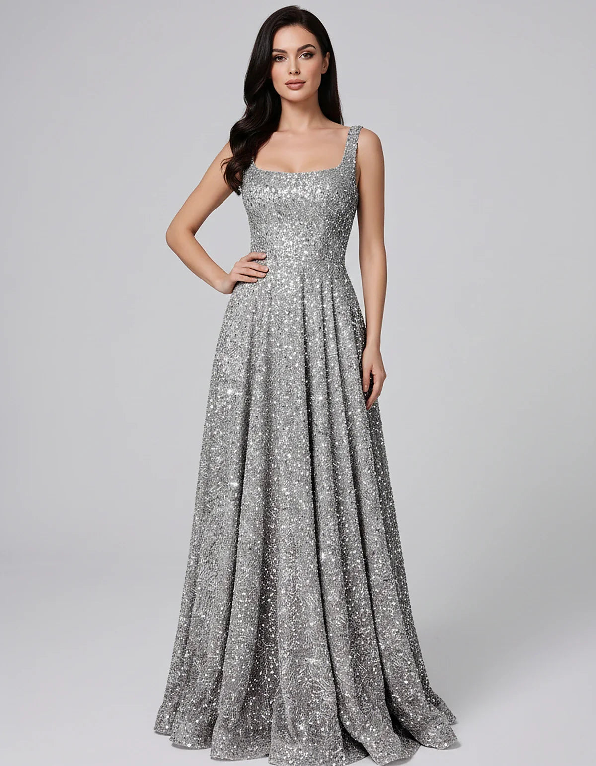 Sequin spaghetti strap square neck A-line floor length maxi dress for party, cocktail, evening, wedding guest, summer formal | SKU: SPD-482913756014582-SILVER-L,SPD-482913756014582-SILVER-M,SPD-482913756014582-SILVER-S,SPD-482913756014582-SILVER-XL,SPD-482913756014582-SILVER-XS
