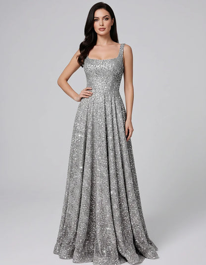 Sequin spaghetti strap square neck A-line floor length maxi dress for party, cocktail, evening, wedding guest, summer formal | SKU: SPD-482913756014582-SILVER-L,SPD-482913756014582-SILVER-M,SPD-482913756014582-SILVER-S,SPD-482913756014582-SILVER-XL,SPD-482913756014582-SILVER-XS