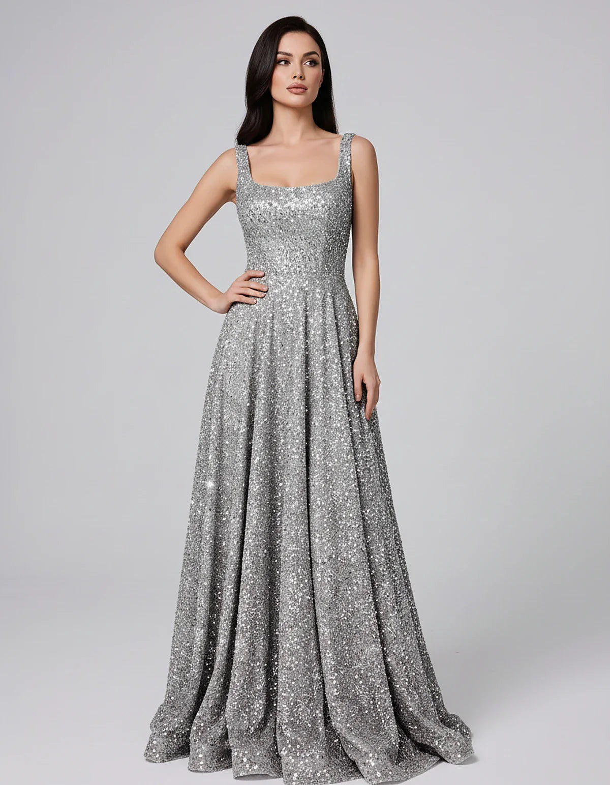 Sequin spaghetti strap square neck A-line floor length maxi dress for party, cocktail, evening, wedding guest, summer formal | SKU: SPD-482913756014582-SILVER-L,SPD-482913756014582-SILVER-M,SPD-482913756014582-SILVER-S,SPD-482913756014582-SILVER-XL,SPD-482913756014582-SILVER-XS
