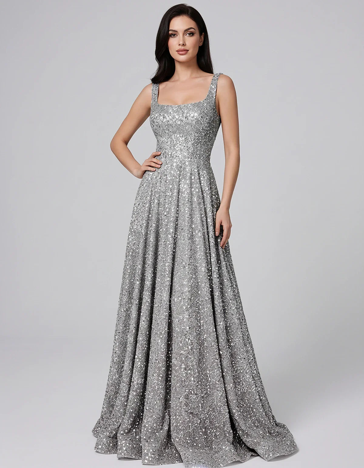 Sequin spaghetti strap square neck A-line floor length maxi dress for party, cocktail, evening, wedding guest, summer formal | SKU: SPD-482913756014582-SILVER-L,SPD-482913756014582-SILVER-M,SPD-482913756014582-SILVER-S,SPD-482913756014582-SILVER-XL,SPD-482913756014582-SILVER-XS