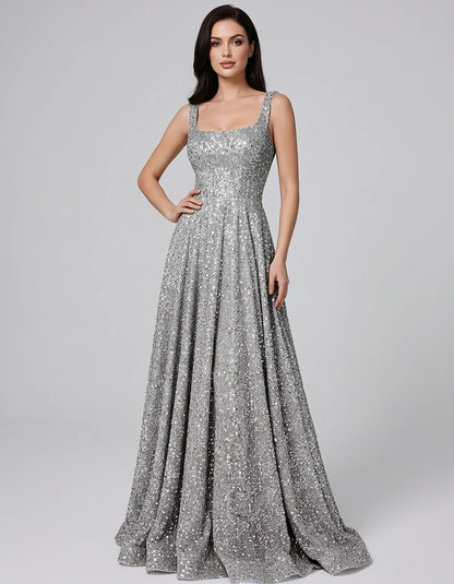 Sequin spaghetti strap square neck A-line floor length maxi dress for party, cocktail, evening, wedding guest, summer formal | SKU: SPD-482913756014582-SILVER-L,SPD-482913756014582-SILVER-M,SPD-482913756014582-SILVER-S,SPD-482913756014582-SILVER-XL,SPD-482913756014582-SILVER-XS