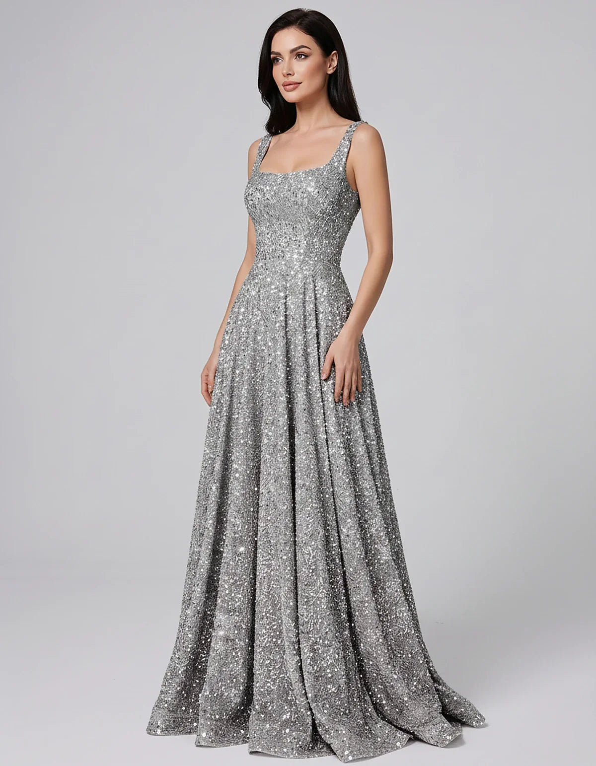 Sequin spaghetti strap square neck A-line floor length maxi dress for party, cocktail, evening, wedding guest, summer formal | SKU: SPD-482913756014582-SILVER-L,SPD-482913756014582-SILVER-M,SPD-482913756014582-SILVER-S,SPD-482913756014582-SILVER-XL,SPD-482913756014582-SILVER-XS