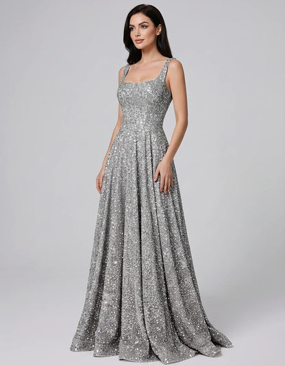 Sequin spaghetti strap square neck A-line floor length maxi dress for party, cocktail, evening, wedding guest, summer formal | SKU: SPD-482913756014582-SILVER-L,SPD-482913756014582-SILVER-M,SPD-482913756014582-SILVER-S,SPD-482913756014582-SILVER-XL,SPD-482913756014582-SILVER-XS