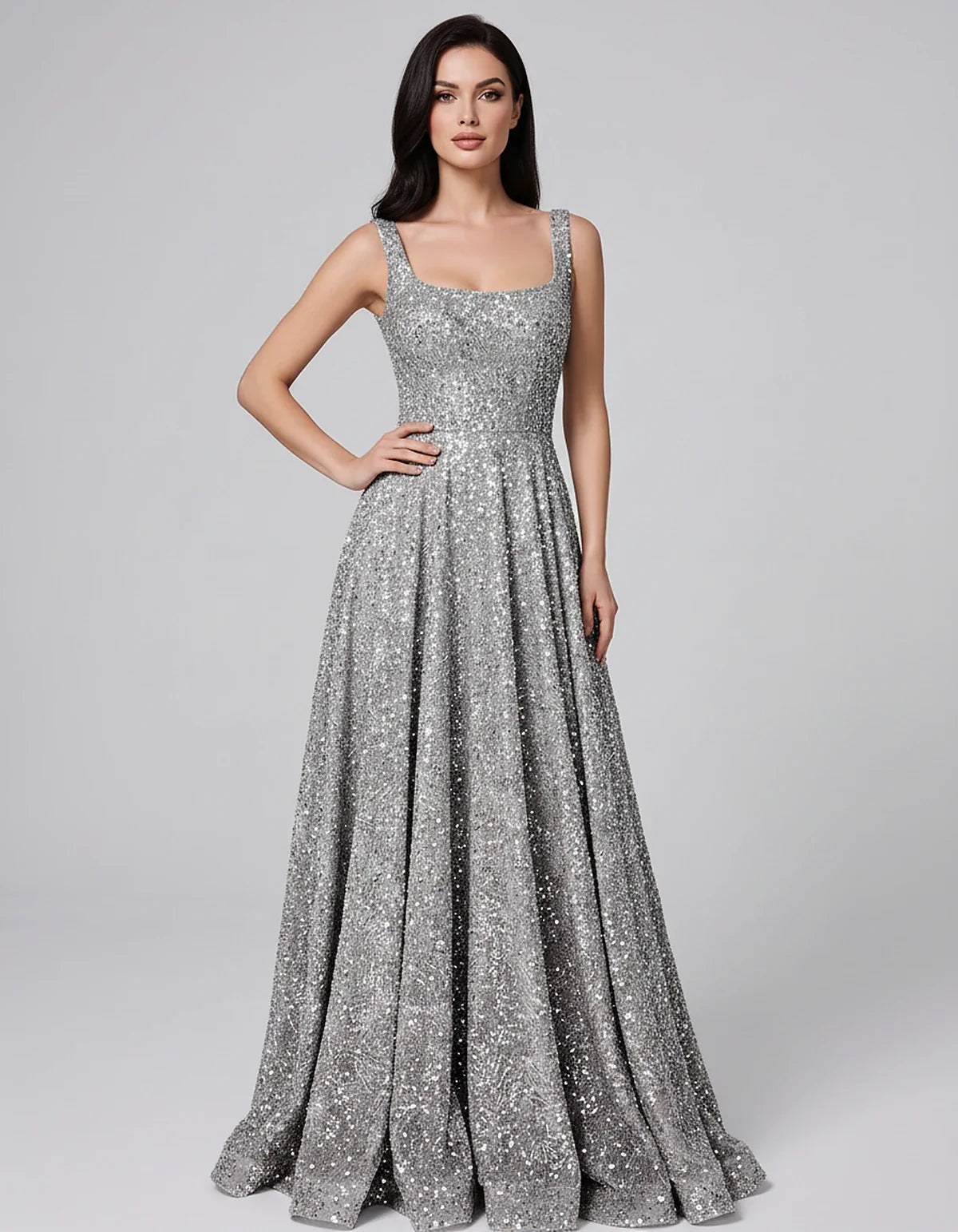 Sequin spaghetti strap square neck A-line floor length maxi dress for party, cocktail, evening, wedding guest, summer formal | SKU: SPD-482913756014582-SILVER-L,SPD-482913756014582-SILVER-M,SPD-482913756014582-SILVER-S,SPD-482913756014582-SILVER-XL,SPD-482913756014582-SILVER-XS