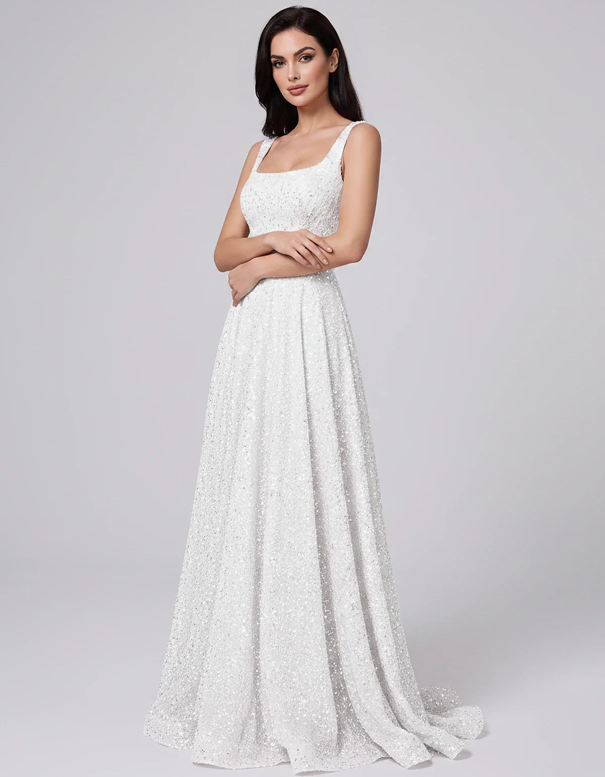 Sequin spaghetti strap square neck A-line floor length maxi dress for party, cocktail, evening, wedding guest, summer formal | SKU: SPD-482913756014582-SILVER-L,SPD-482913756014582-SILVER-M,SPD-482913756014582-SILVER-S,SPD-482913756014582-SILVER-XL,SPD-482913756014582-SILVER-XS