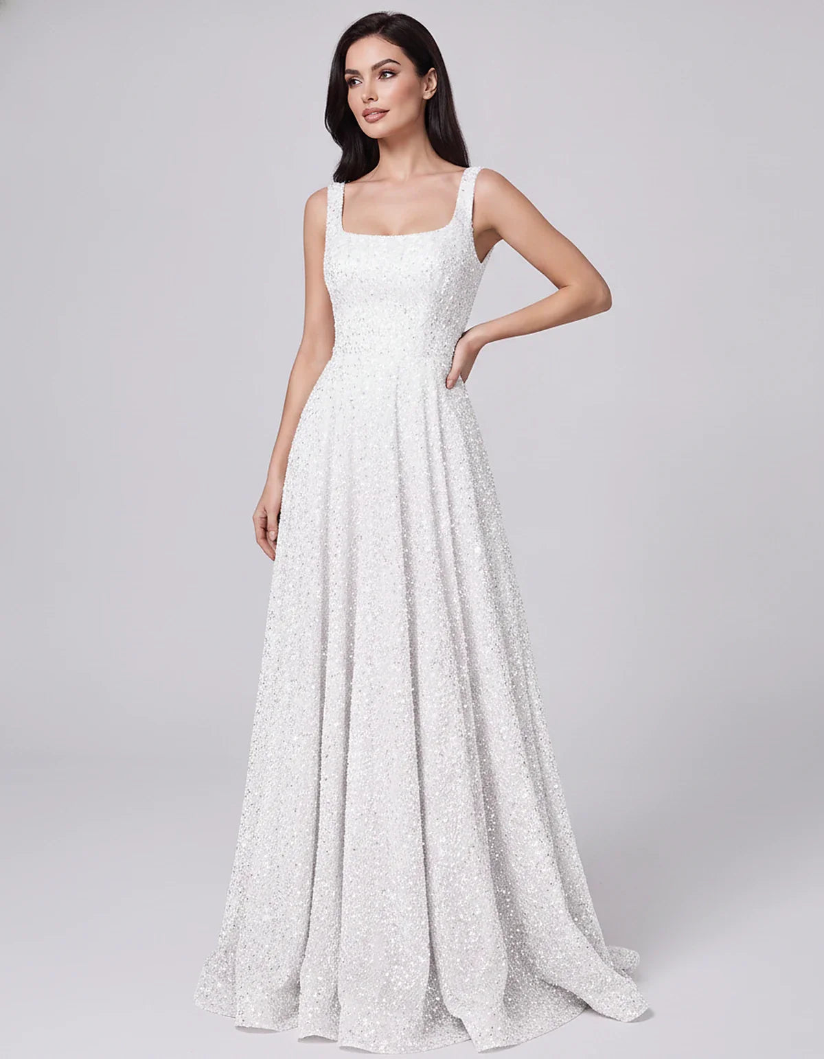 Sequin spaghetti strap square neck A-line floor length maxi dress for party, cocktail, evening, wedding guest, summer formal | SKU: SPD-482913756014582-WHITE-L,SPD-482913756014582-WHITE-M,SPD-482913756014582-WHITE-S,SPD-482913756014582-WHITE-XL,SPD-482913756014582-WHITE-XS