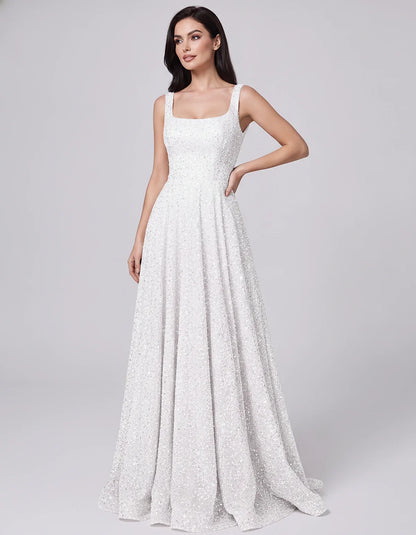 Sequin spaghetti strap square neck A-line floor length maxi dress for party, cocktail, evening, wedding guest, summer formal | SKU: SPD-482913756014582-WHITE-L,SPD-482913756014582-WHITE-M,SPD-482913756014582-WHITE-S,SPD-482913756014582-WHITE-XL,SPD-482913756014582-WHITE-XS