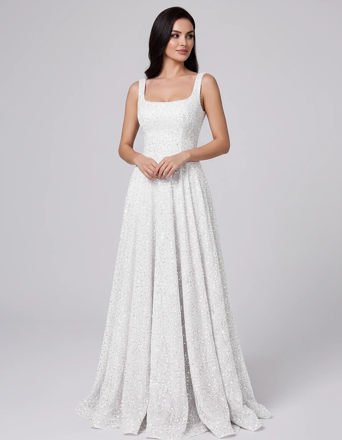 Sequin spaghetti strap square neck A-line floor length maxi dress for party, cocktail, evening, wedding guest, summer formal | SKU: SPD-482913756014582-WHITE-L,SPD-482913756014582-WHITE-M,SPD-482913756014582-WHITE-S,SPD-482913756014582-WHITE-XL,SPD-482913756014582-WHITE-XS
