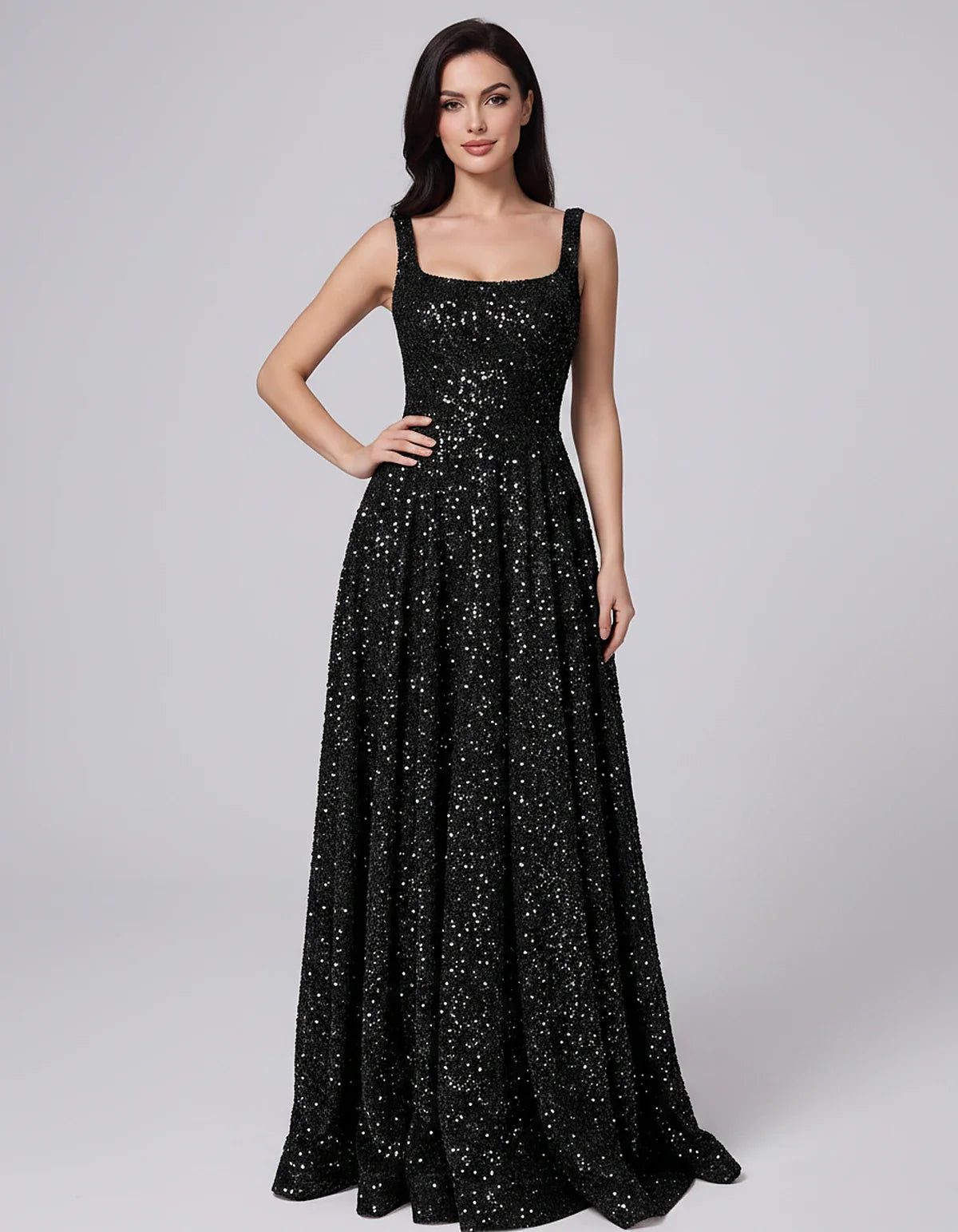 Sequin spaghetti strap square neck A-line floor length maxi dress for party, cocktail, evening, wedding guest, summer formal | SKU: SPD-482913756014582-BLACK-L,SPD-482913756014582-BLACK-M,SPD-482913756014582-BLACK-S,SPD-482913756014582-BLACK-XL,SPD-482913756014582-BLACK-XS