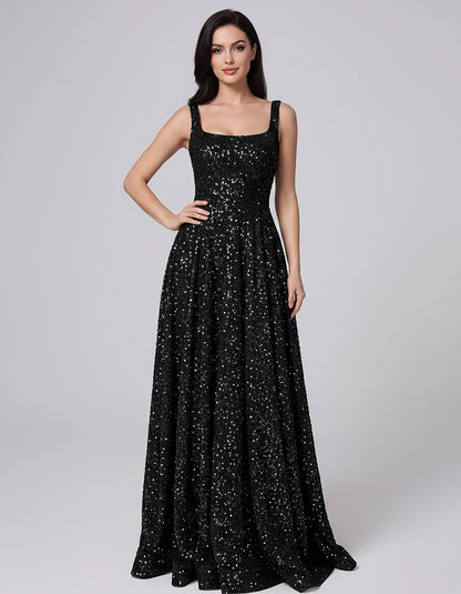 Sequin spaghetti strap square neck A-line floor length maxi dress for party, cocktail, evening, wedding guest, summer formal | SKU: SPD-482913756014582-BLACK-L,SPD-482913756014582-BLACK-M,SPD-482913756014582-BLACK-S,SPD-482913756014582-BLACK-XL,SPD-482913756014582-BLACK-XS