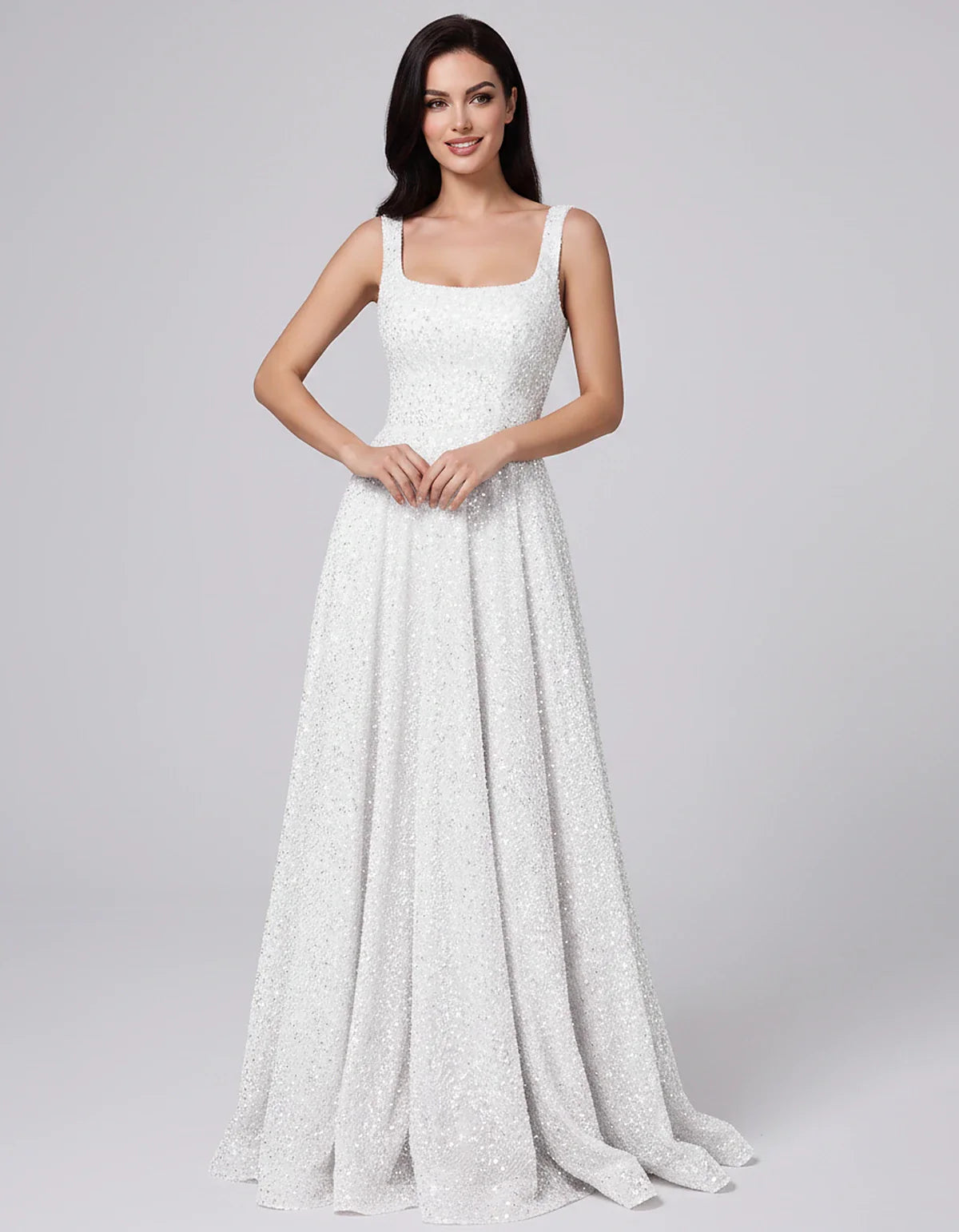 Sequin spaghetti strap square neck A-line floor length maxi dress for party, cocktail, evening, wedding guest, summer formal | SKU: SPD-482913756014582-WHITE-L,SPD-482913756014582-WHITE-M,SPD-482913756014582-WHITE-S,SPD-482913756014582-WHITE-XL,SPD-482913756014582-WHITE-XS