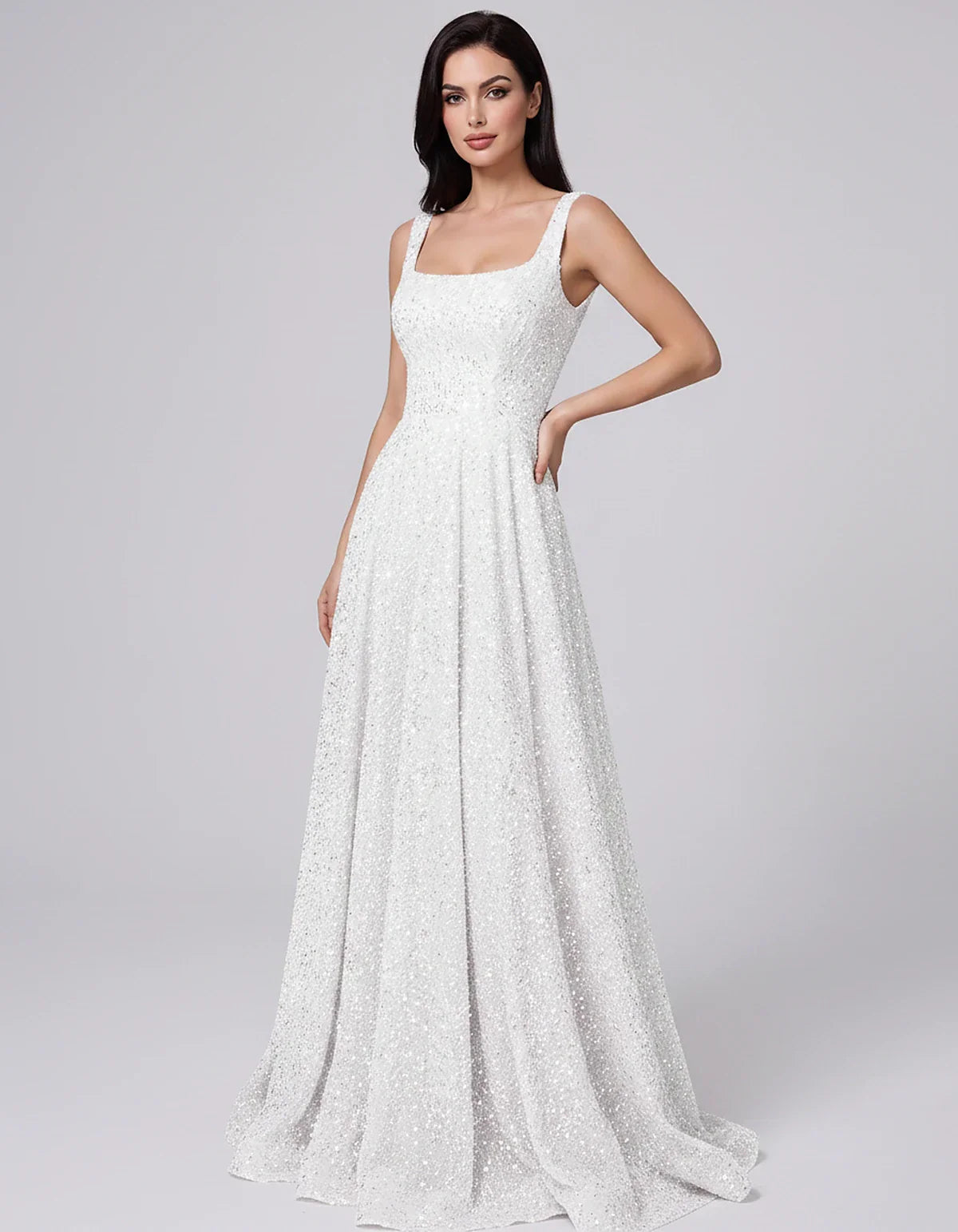 Sequin spaghetti strap square neck A-line floor length maxi dress for party, cocktail, evening, wedding guest, summer formal | SKU: SPD-482913756014582-WHITE-L,SPD-482913756014582-WHITE-M,SPD-482913756014582-WHITE-S,SPD-482913756014582-WHITE-XL,SPD-482913756014582-WHITE-XS