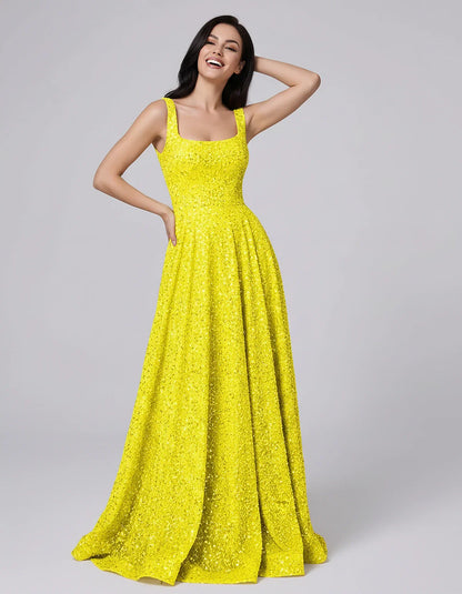 Sequin spaghetti strap square neck A-line floor length maxi dress for party, cocktail, evening, wedding guest, summer formal | SKU: SPD-482913756014582-YELLOW-L,SPD-482913756014582-YELLOW-M,SPD-482913756014582-YELLOW-S,SPD-482913756014582-YELLOW-XL,SPD-482913756014582-YELLOW-XS