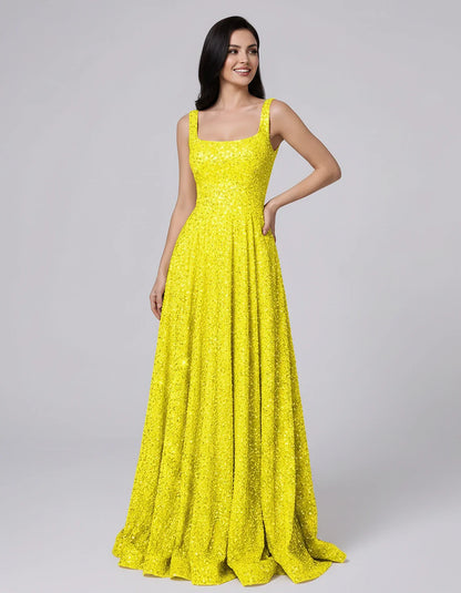Sequin spaghetti strap square neck A-line floor length maxi dress for party, cocktail, evening, wedding guest, summer formal | SKU: SPD-482913756014582-YELLOW-L,SPD-482913756014582-YELLOW-M,SPD-482913756014582-YELLOW-S,SPD-482913756014582-YELLOW-XL,SPD-482913756014582-YELLOW-XS