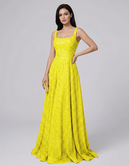 Sequin spaghetti strap square neck A-line floor length maxi dress for party, cocktail, evening, wedding guest, summer formal | SKU: SPD-482913756014582-YELLOW-L,SPD-482913756014582-YELLOW-M,SPD-482913756014582-YELLOW-S,SPD-482913756014582-YELLOW-XL,SPD-482913756014582-YELLOW-XS