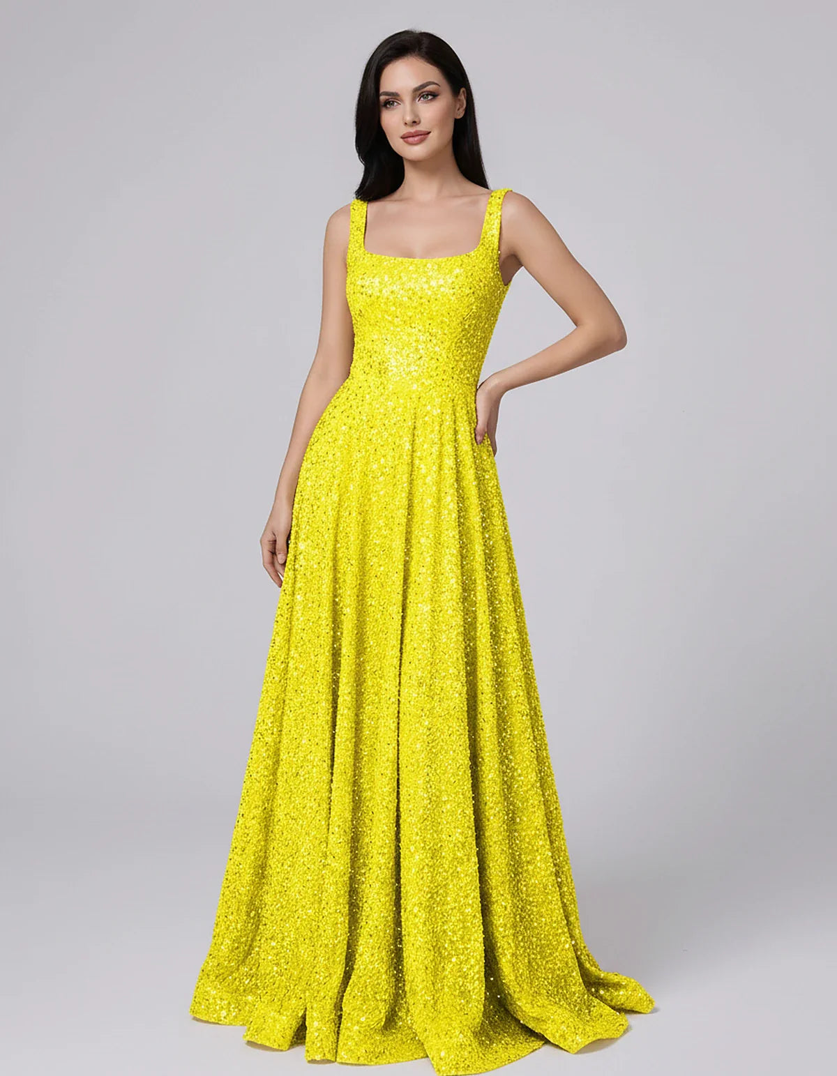 Sequin spaghetti strap square neck A-line floor length maxi dress for party, cocktail, evening, wedding guest, summer formal | SKU: SPD-482913756014582-YELLOW-L,SPD-482913756014582-YELLOW-M,SPD-482913756014582-YELLOW-S,SPD-482913756014582-YELLOW-XL,SPD-482913756014582-YELLOW-XS