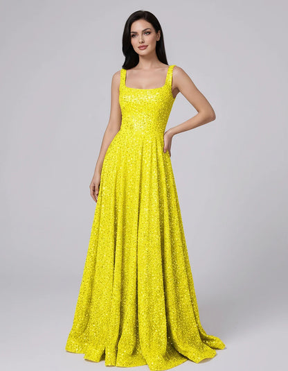 Sequin spaghetti strap square neck A-line floor length maxi dress for party, cocktail, evening, wedding guest, summer formal | SKU: SPD-482913756014582-YELLOW-L,SPD-482913756014582-YELLOW-M,SPD-482913756014582-YELLOW-S,SPD-482913756014582-YELLOW-XL,SPD-482913756014582-YELLOW-XS