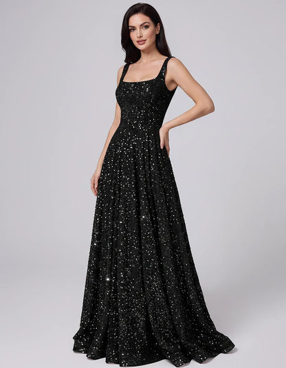 Sequin spaghetti strap square neck A-line floor length maxi dress for party, cocktail, evening, wedding guest, summer formal | SKU: SPD-482913756014582-BLACK-L,SPD-482913756014582-BLACK-M,SPD-482913756014582-BLACK-S,SPD-482913756014582-BLACK-XL,SPD-482913756014582-BLACK-XS