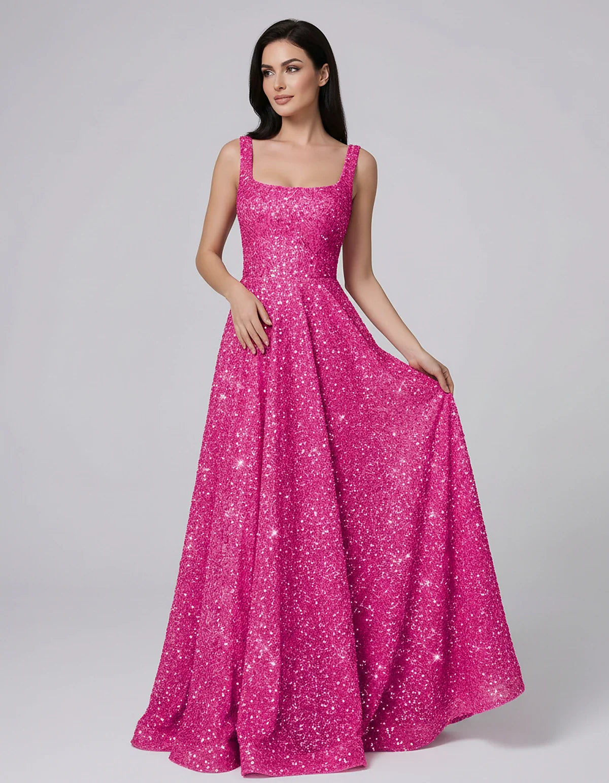 Sequin spaghetti strap square neck A-line floor length maxi dress for party, cocktail, evening, wedding guest, summer formal | SKU: SPD-482913756014582-FUCHSIA-L,SPD-482913756014582-FUCHSIA-M,SPD-482913756014582-FUCHSIA-S,SPD-482913756014582-FUCHSIA-XL,SPD-482913756014582-FUCHSIA-XS