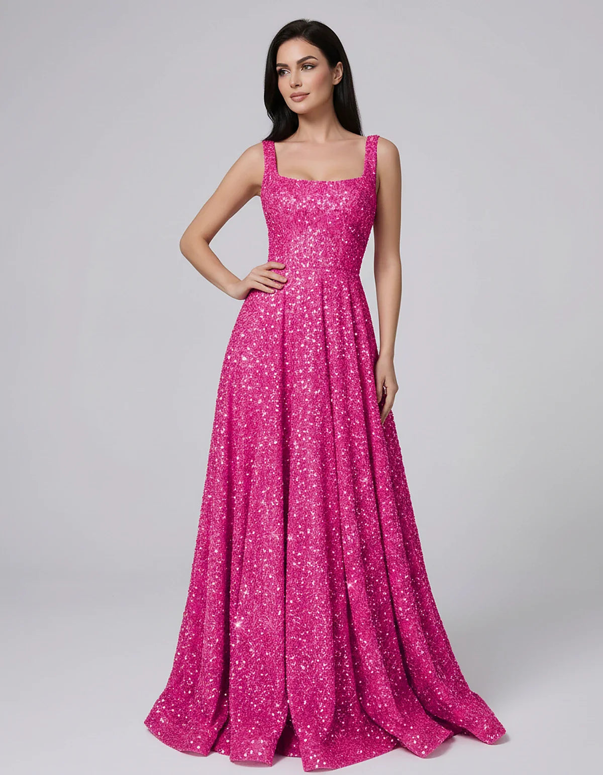 Sequin spaghetti strap square neck A-line floor length maxi dress for party, cocktail, evening, wedding guest, summer formal | SKU: SPD-482913756014582-FUCHSIA-L,SPD-482913756014582-FUCHSIA-M,SPD-482913756014582-FUCHSIA-S,SPD-482913756014582-FUCHSIA-XL,SPD-482913756014582-FUCHSIA-XS