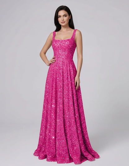 Sequin spaghetti strap square neck A-line floor length maxi dress for party, cocktail, evening, wedding guest, summer formal | SKU: SPD-482913756014582-FUCHSIA-L,SPD-482913756014582-FUCHSIA-M,SPD-482913756014582-FUCHSIA-S,SPD-482913756014582-FUCHSIA-XL,SPD-482913756014582-FUCHSIA-XS