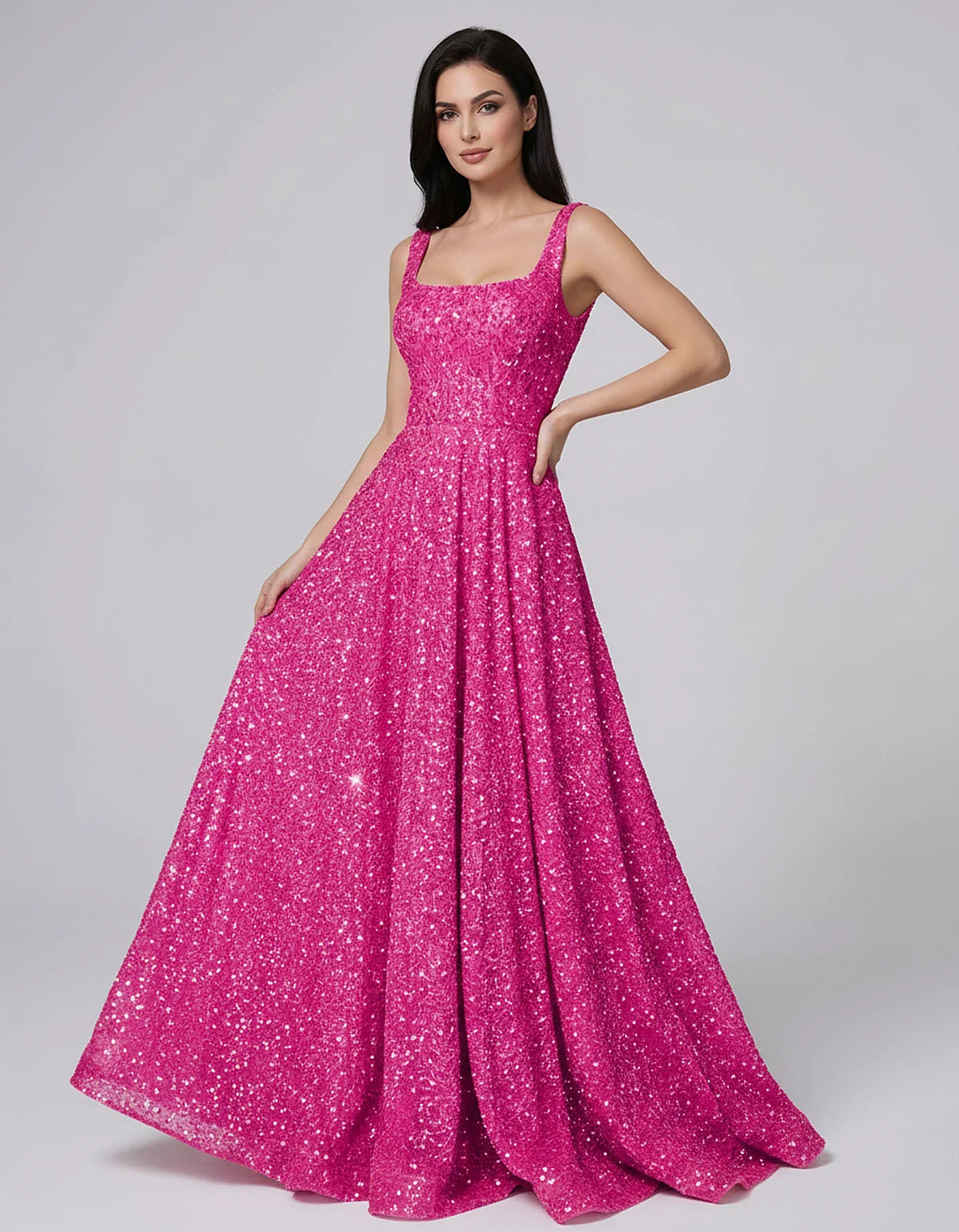 Sequin spaghetti strap square neck A-line floor length maxi dress for party, cocktail, evening, wedding guest, summer formal | SKU: SPD-482913756014582-FUCHSIA-L,SPD-482913756014582-FUCHSIA-M,SPD-482913756014582-FUCHSIA-S,SPD-482913756014582-FUCHSIA-XL,SPD-482913756014582-FUCHSIA-XS