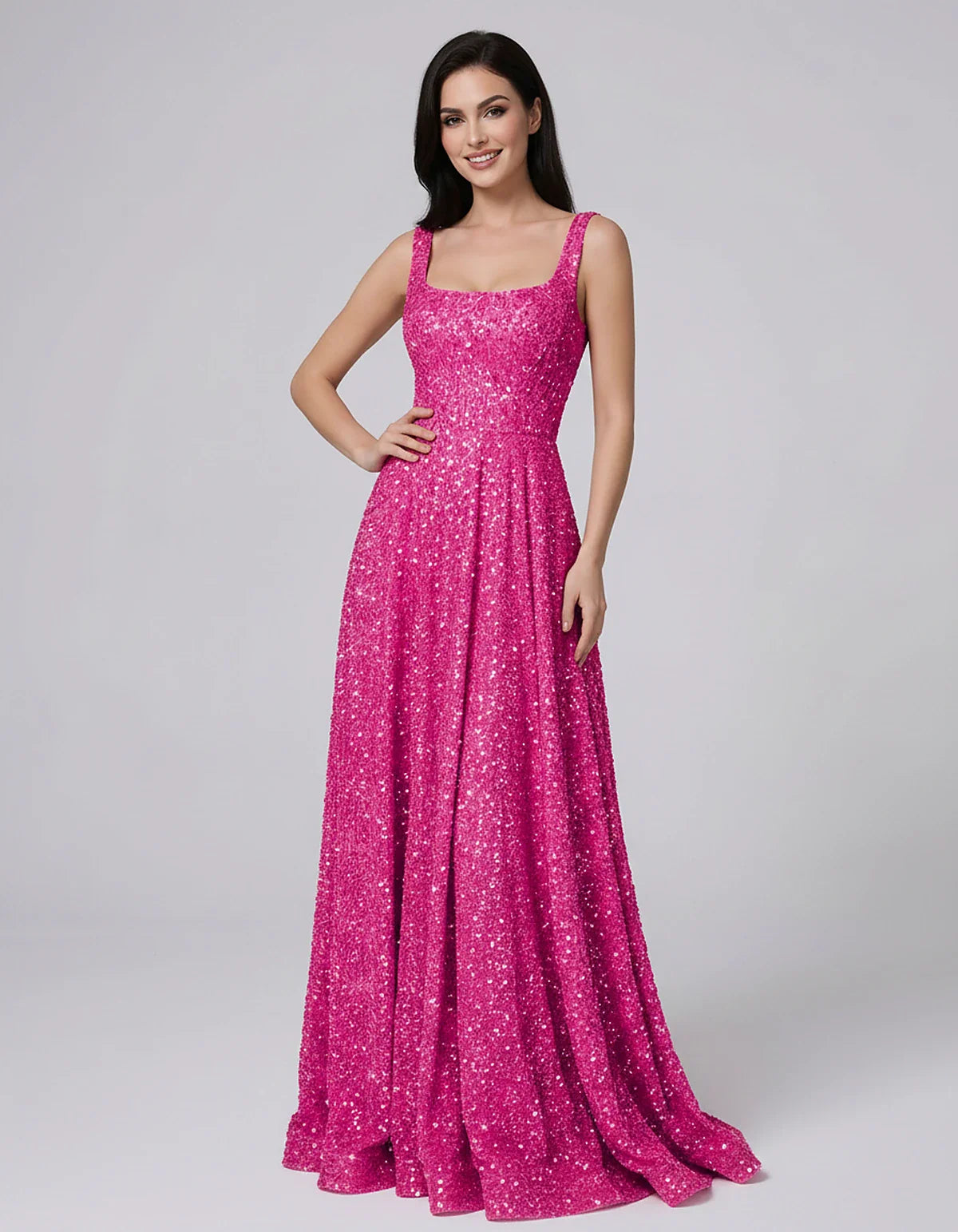 Sequin spaghetti strap square neck A-line floor length maxi dress for party, cocktail, evening, wedding guest, summer formal | SKU: SPD-482913756014582-FUCHSIA-L,SPD-482913756014582-FUCHSIA-M,SPD-482913756014582-FUCHSIA-S,SPD-482913756014582-FUCHSIA-XL,SPD-482913756014582-FUCHSIA-XS