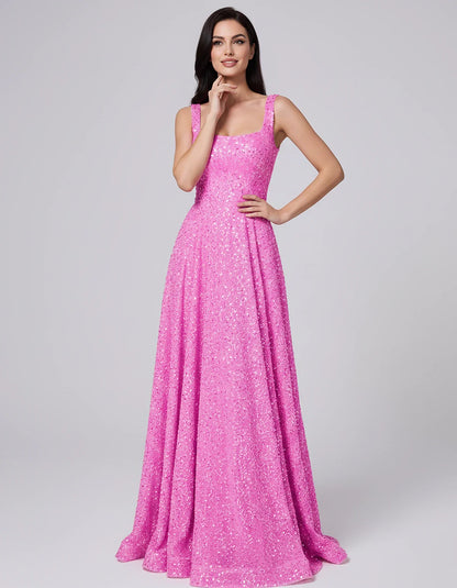 Sequin spaghetti strap square neck A-line floor length maxi dress for party, cocktail, evening, wedding guest, summer formal | SKU: SPD-482913756014582-FUCHSIA-L,SPD-482913756014582-FUCHSIA-M,SPD-482913756014582-FUCHSIA-S,SPD-482913756014582-FUCHSIA-XL,SPD-482913756014582-FUCHSIA-XS