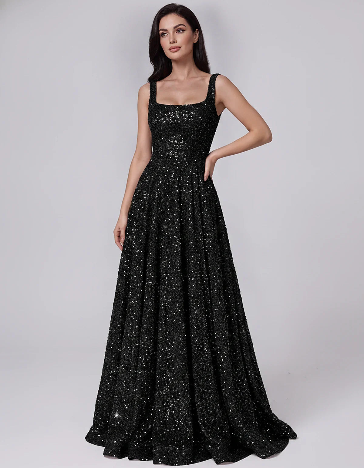 Sequin spaghetti strap square neck A-line floor length maxi dress for party, cocktail, evening, wedding guest, summer formal | SKU: SPD-482913756014582-BLACK-L,SPD-482913756014582-BLACK-M,SPD-482913756014582-BLACK-S,SPD-482913756014582-BLACK-XL,SPD-482913756014582-BLACK-XS