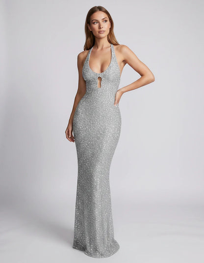 Sequin Sleeveless Halter Scoop Neck Mermaid Maxi Dress for Party, Cocktail, Evening, Wedding Guest, Summer Events, front view | SKU: LM-583920174628351-SILVER-L,LM-583920174628351-SILVER-M,LM-583920174628351-SILVER-S,LM-583920174628351-SILVER-XL,LM-583920174628351-SILVER-XS