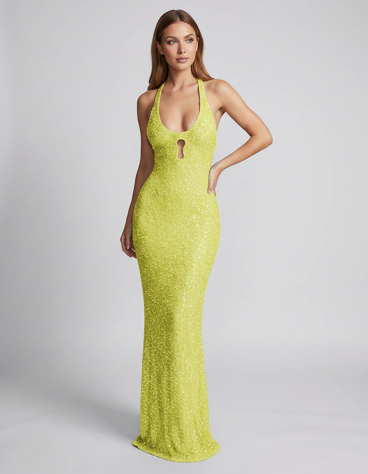 Sequin Sleeveless Halter Scoop Neck Mermaid Maxi Dress for Party, Cocktail, Evening, Wedding Guest, Summer Events, front view | SKU: LM-583920174628351-SAGE-L,LM-583920174628351-SAGE-M,LM-583920174628351-SAGE-S,LM-583920174628351-SAGE-XL,LM-583920174628351-SAGE-XS