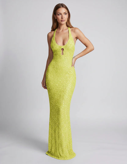 Sequin Sleeveless Halter Scoop Neck Mermaid Maxi Dress for Party, Cocktail, Evening, Wedding Guest, Summer Events, front view | SKU: LM-583920174628351-SAGE-L,LM-583920174628351-SAGE-M,LM-583920174628351-SAGE-S,LM-583920174628351-SAGE-XL,LM-583920174628351-SAGE-XS