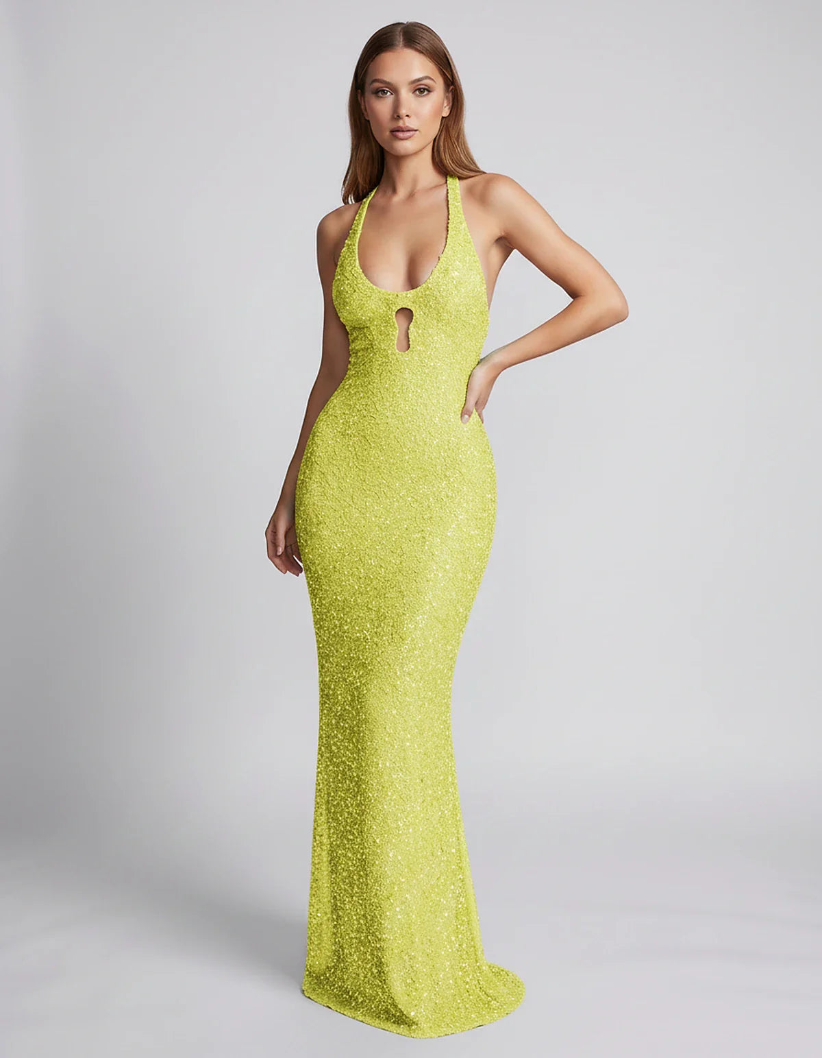 Sequin Sleeveless Halter Scoop Neck Mermaid Maxi Dress for Party, Cocktail, Evening, Wedding Guest, Summer Events, front view | SKU: LM-583920174628351-SAGE-L,LM-583920174628351-SAGE-M,LM-583920174628351-SAGE-S,LM-583920174628351-SAGE-XL,LM-583920174628351-SAGE-XS