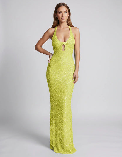 Sequin Sleeveless Halter Scoop Neck Mermaid Maxi Dress for Party, Cocktail, Evening, Wedding Guest, Summer Events, front view | SKU: LM-583920174628351-SAGE-L,LM-583920174628351-SAGE-M,LM-583920174628351-SAGE-S,LM-583920174628351-SAGE-XL,LM-583920174628351-SAGE-XS