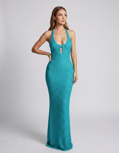 Sequin Sleeveless Halter Scoop Neck Mermaid Maxi Dress for Party, Cocktail, Evening, Wedding Guest, Summer Events, front view | SKU: LM-583920174628351-BLUE-L,LM-583920174628351-BLUE-M,LM-583920174628351-BLUE-S,LM-583920174628351-BLUE-XL,LM-583920174628351-BLUE-XS