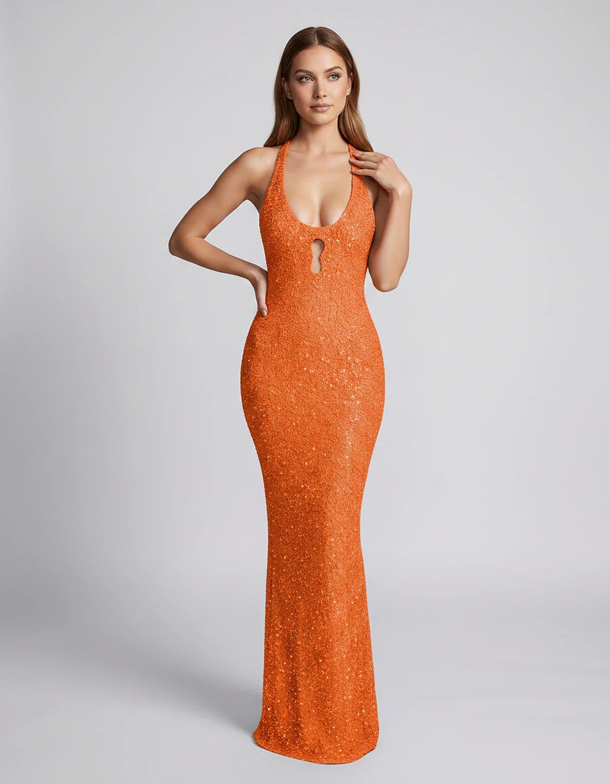 Sequin Sleeveless Halter Scoop Neck Mermaid Maxi Dress for Party, Cocktail, Evening, Wedding Guest, Summer Events, front view | SKU: LM-583920174628351-ORANGE-L,LM-583920174628351-ORANGE-M,LM-583920174628351-ORANGE-S,LM-583920174628351-ORANGE-XL,LM-583920174628351-ORANGE-XS