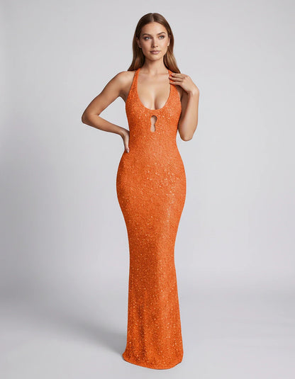 Sequin Sleeveless Halter Scoop Neck Mermaid Maxi Dress for Party, Cocktail, Evening, Wedding Guest, Summer Events, front view | SKU: LM-583920174628351-ORANGE-L,LM-583920174628351-ORANGE-M,LM-583920174628351-ORANGE-S,LM-583920174628351-ORANGE-XL,LM-583920174628351-ORANGE-XS