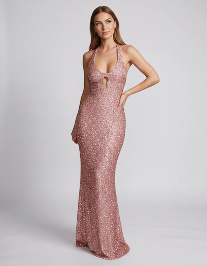 Sequin Sleeveless Halter Scoop Neck Mermaid Maxi Dress for Party, Cocktail, Evening, Wedding Guest, Summer Events, front view | SKU: LM-583920174628351-PINK-L,LM-583920174628351-PINK-M,LM-583920174628351-PINK-S,LM-583920174628351-PINK-XL,LM-583920174628351-PINK-XS