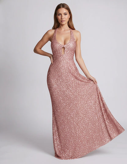 Sequin Sleeveless Halter Scoop Neck Mermaid Maxi Dress for Party, Cocktail, Evening, Wedding Guest, Summer Events, front view | SKU: LM-583920174628351-PINK-L,LM-583920174628351-PINK-M,LM-583920174628351-PINK-S,LM-583920174628351-PINK-XL,LM-583920174628351-PINK-XS