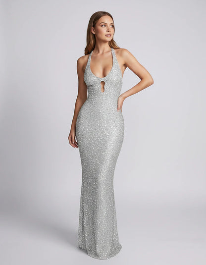 Sequin Sleeveless Halter Scoop Neck Mermaid Maxi Dress for Party, Cocktail, Evening, Wedding Guest, Summer Events, front view | SKU: LM-583920174628351-WHITE-L,LM-583920174628351-WHITE-M,LM-583920174628351-WHITE-S,LM-583920174628351-WHITE-XL,LM-583920174628351-WHITE-XS