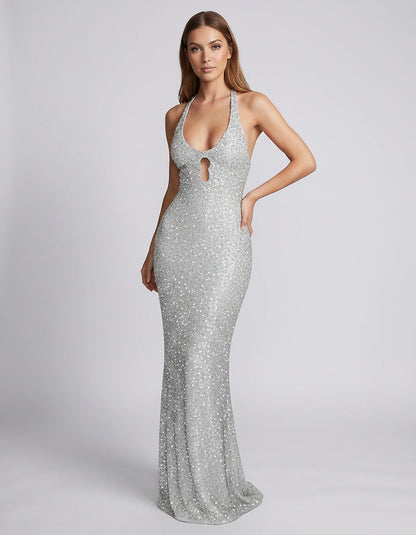 Sequin Sleeveless Halter Scoop Neck Mermaid Maxi Dress for Party, Cocktail, Evening, Wedding Guest, Summer Events, front view | SKU: LM-583920174628351-WHITE-L,LM-583920174628351-WHITE-M,LM-583920174628351-WHITE-S,LM-583920174628351-WHITE-XL,LM-583920174628351-WHITE-XS