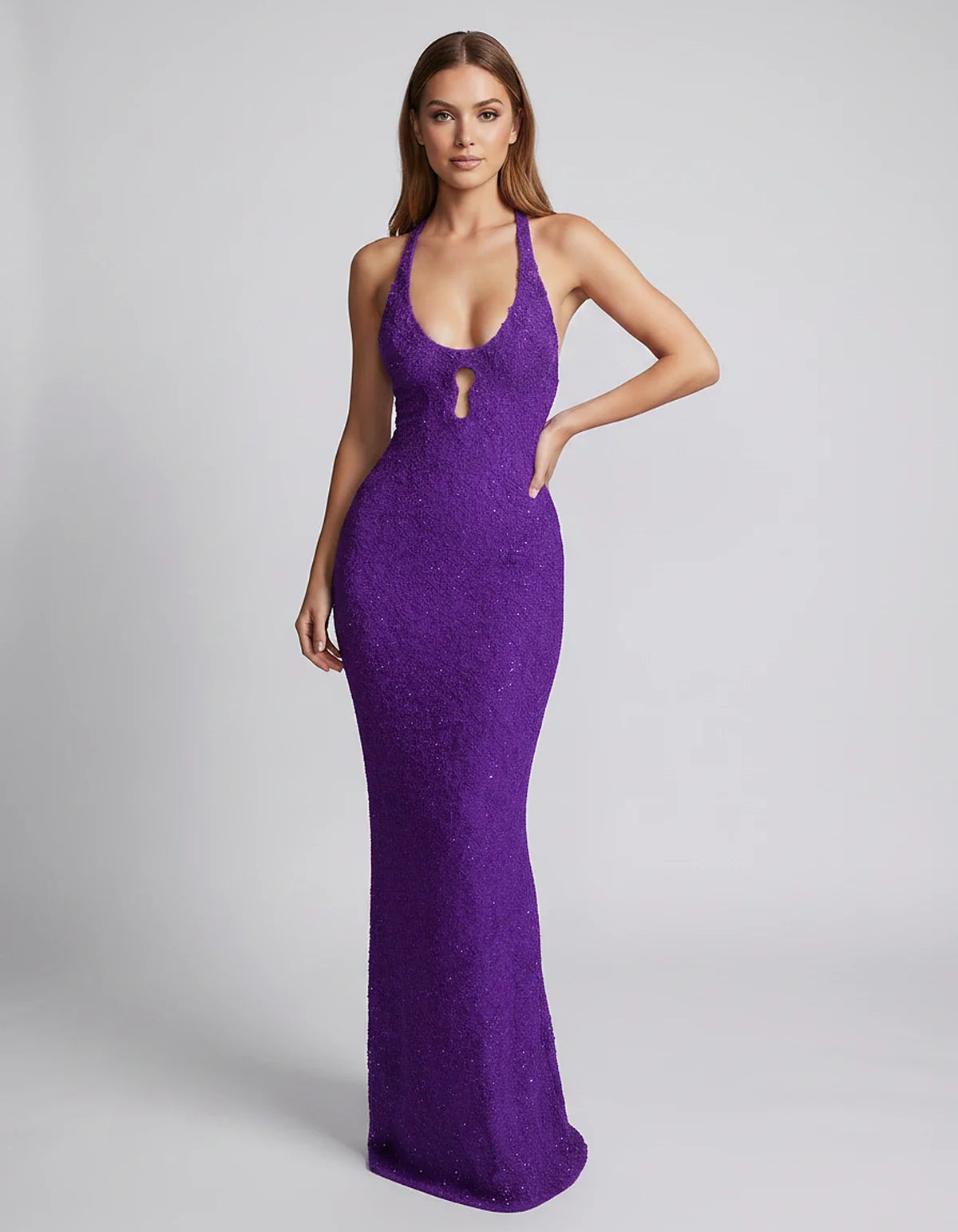 Sequin Sleeveless Halter Scoop Neck Mermaid Maxi Dress for Party, Cocktail, Evening, Wedding Guest, Summer Events, front view | SKU: LM-583920174628351-PURPLE-L,LM-583920174628351-PURPLE-M,LM-583920174628351-PURPLE-S,LM-583920174628351-PURPLE-XL,LM-583920174628351-PURPLE-XS